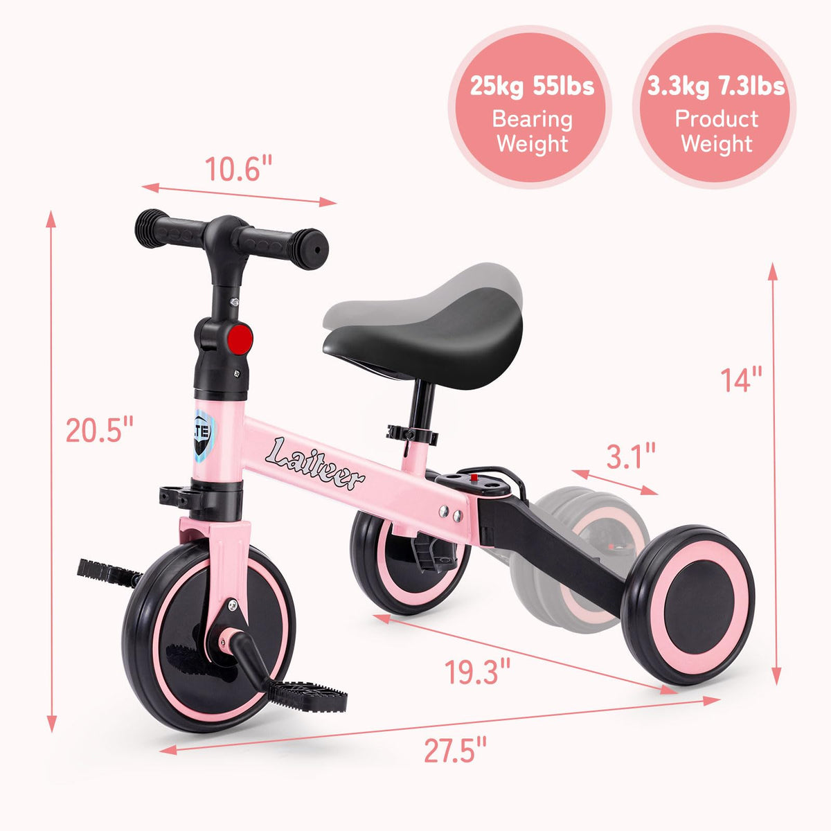 Folding Kids Tricycle with Adjustable Seat & Removable Pedal, Pink N413749