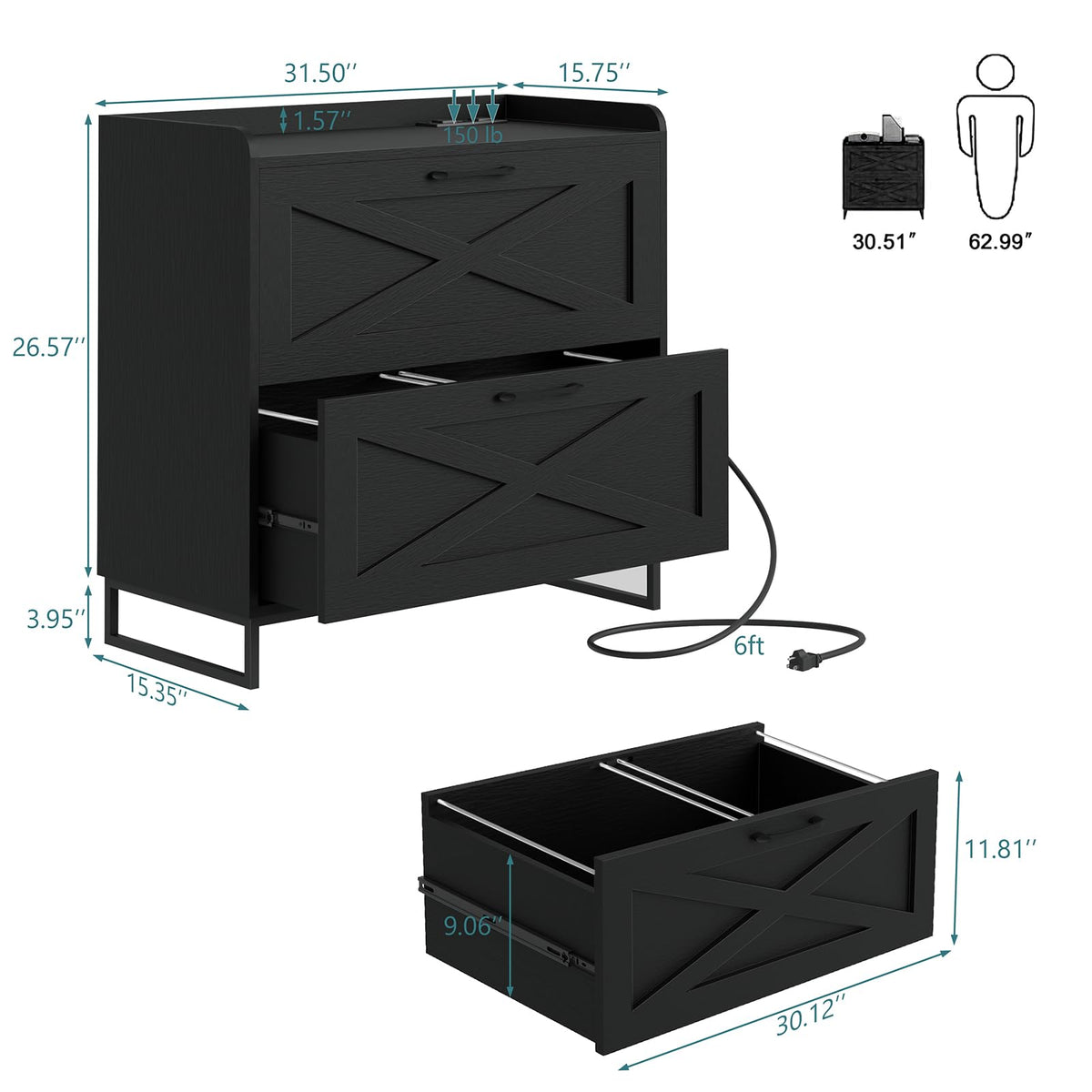 2 Drawer Black File Cabinet with Charging Station Z6693