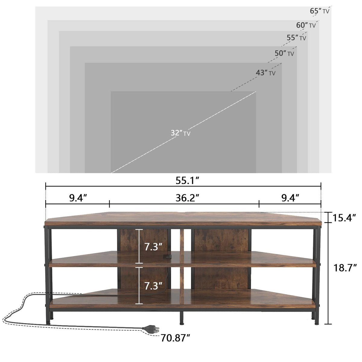 Corner TV Stand with Power Outlet, 55 Inch Rustic Brown K46074