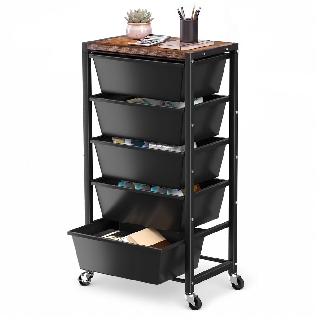 Black 5 Drawer Rolling Storage Cart with Wooden Tabletop G948