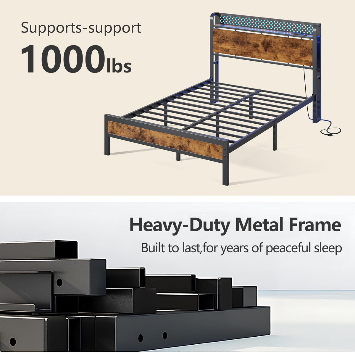 Full Bed Frame with Headboard and LED Lights V315103