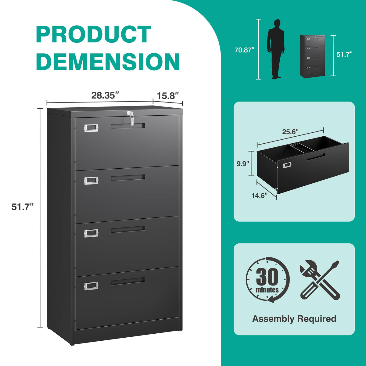 Black 4 Drawer Metal Lateral File Cabinet with Lock H442322