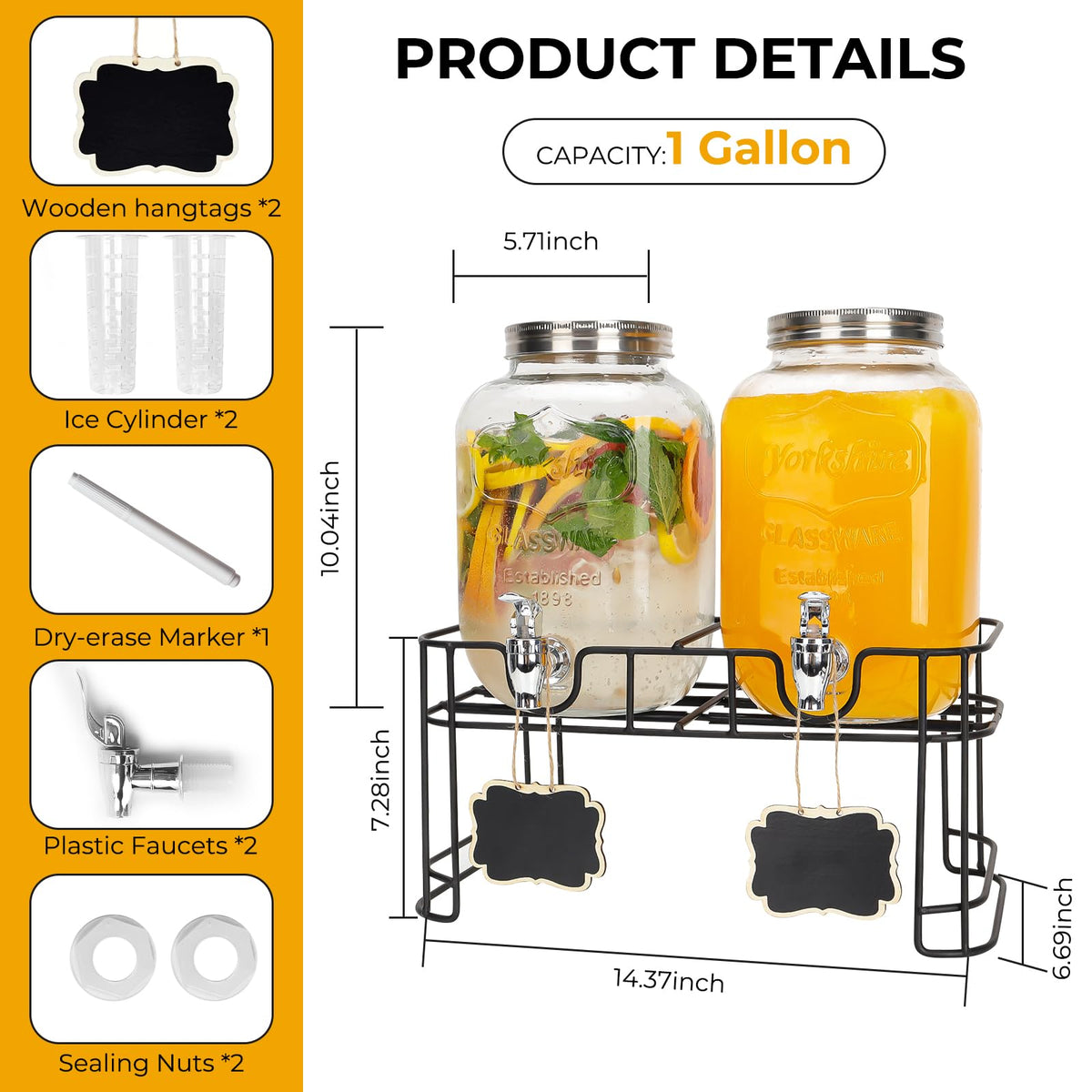 2 Pack 1 Gallon Glass Drink Dispensers with Stand S486