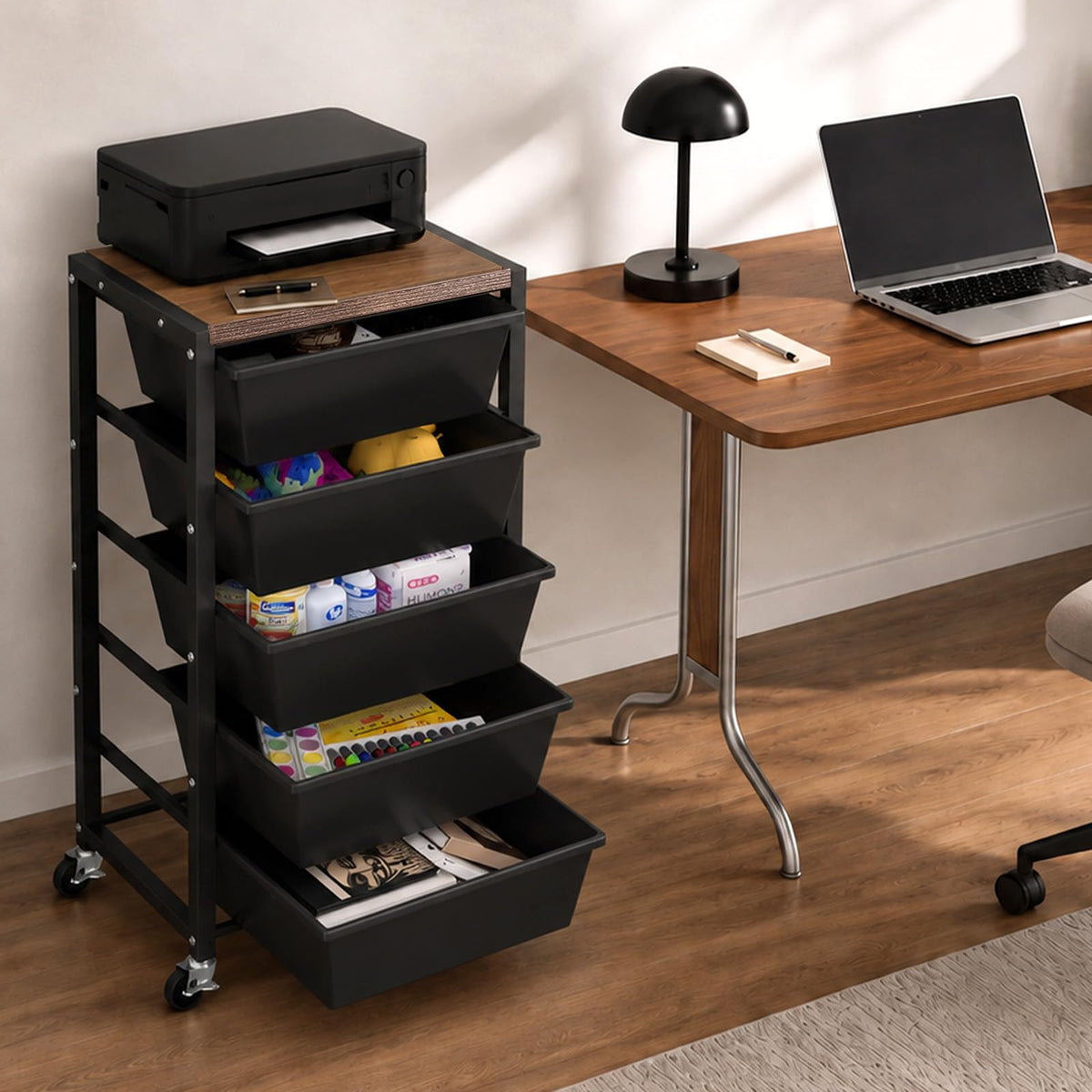 Black 5 Drawer Rolling Storage Cart with Wooden Tabletop G948