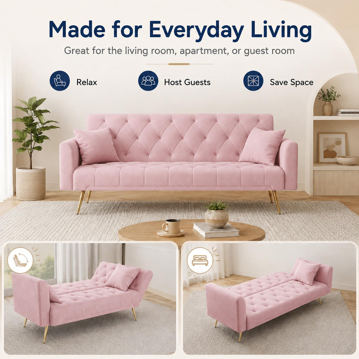 Pink Velvet Futon Sofa Bed W665537