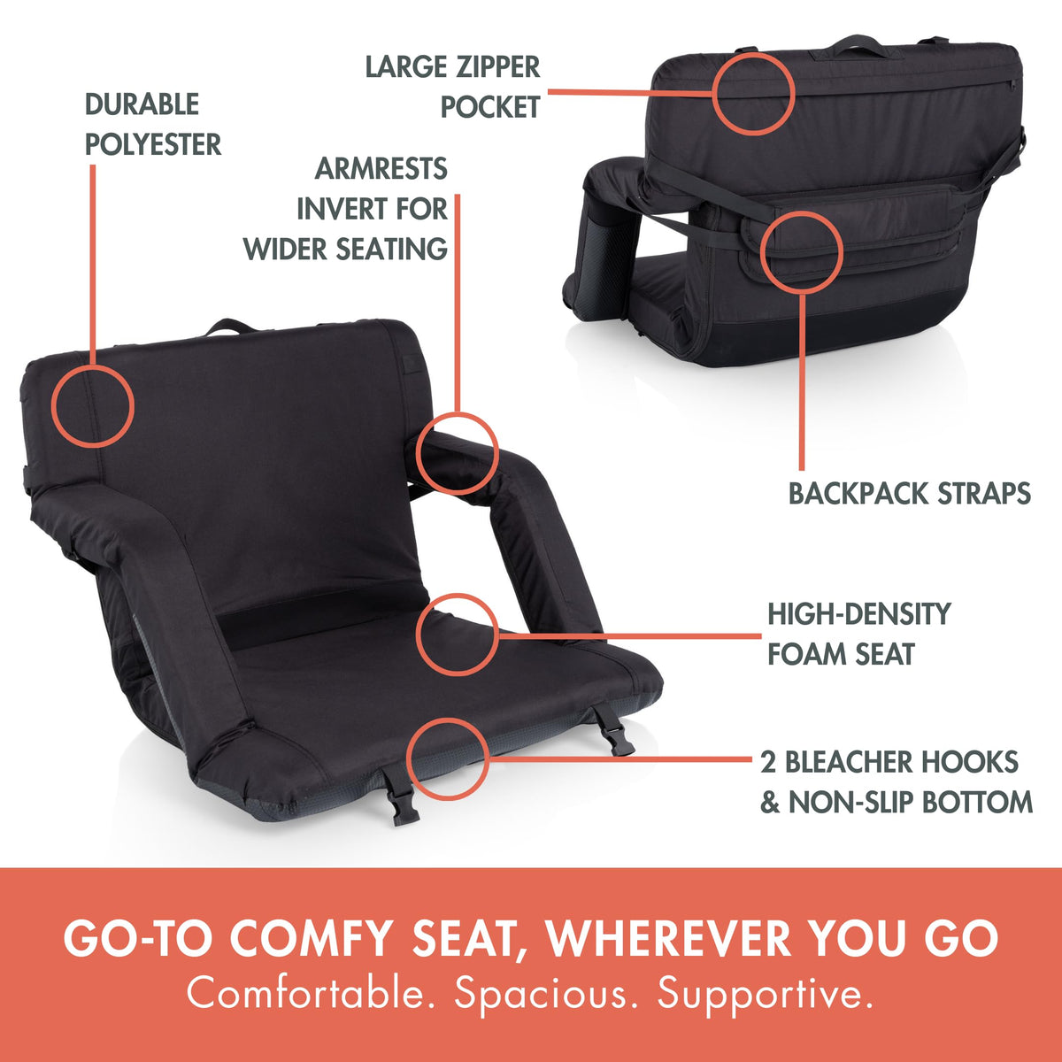 Portable Reclining Stadium Seat with Back Support, Black S14081