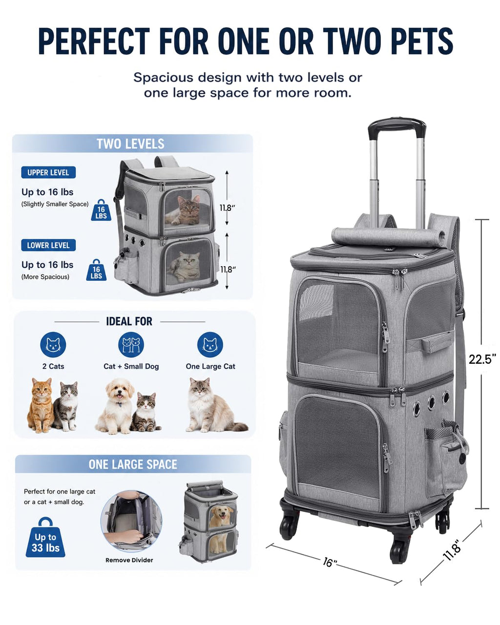 Double-Compartment Cat Backpack Carrier with Wheels F37775