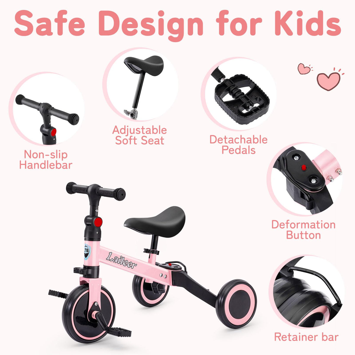 Folding Kids Tricycle with Adjustable Seat & Removable Pedal, Pink N413749