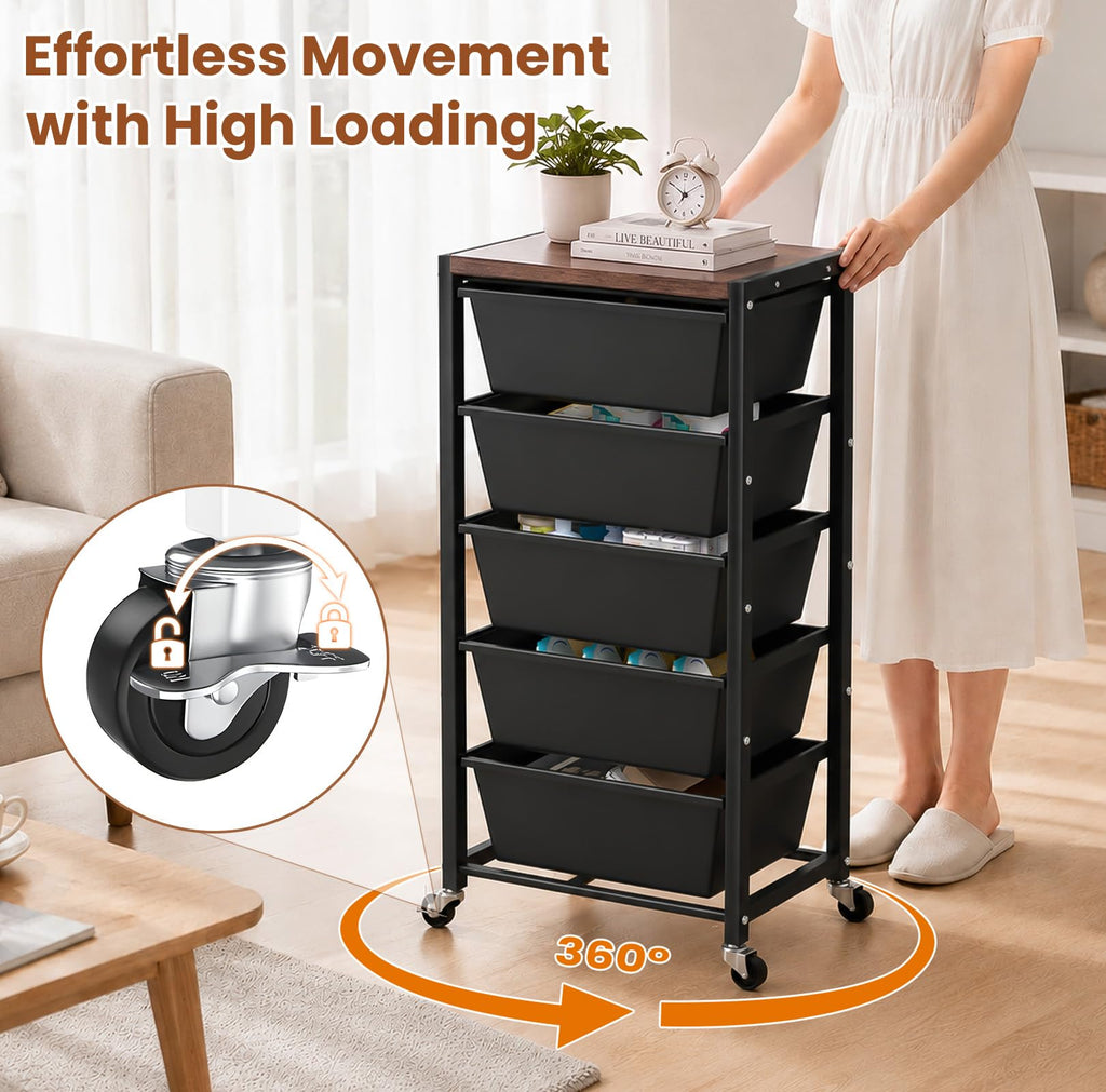 Black 5 Drawer Rolling Storage Cart with Wooden Tabletop G948