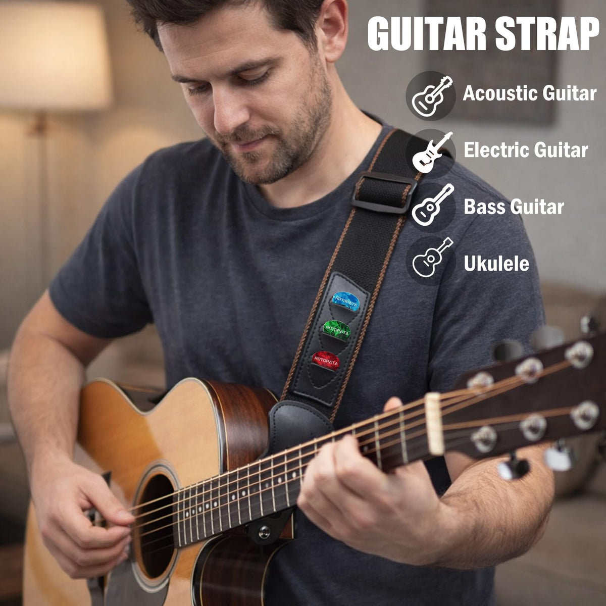 Black Adjustable Guitar Strap Kit with Locks and Picks L7037