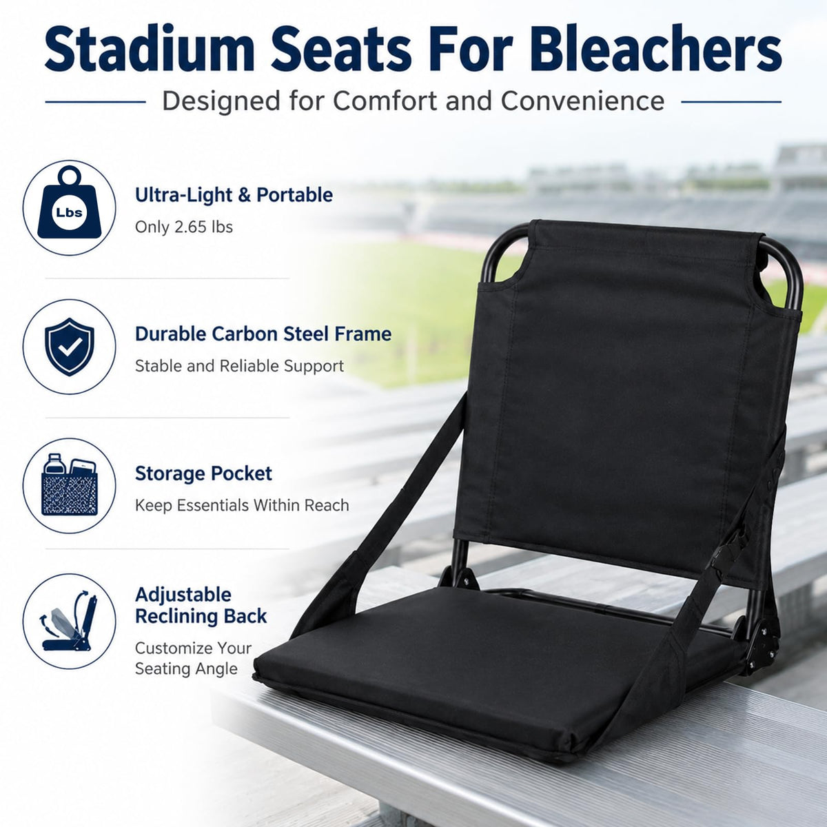 Portable Stadium Seat with Back Support and Storage Pockets X83200