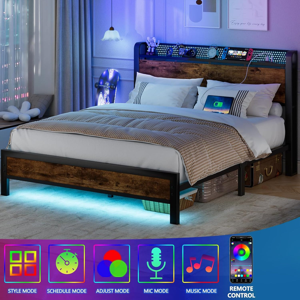 Full Bed Frame with Headboard and LED Lights V315103