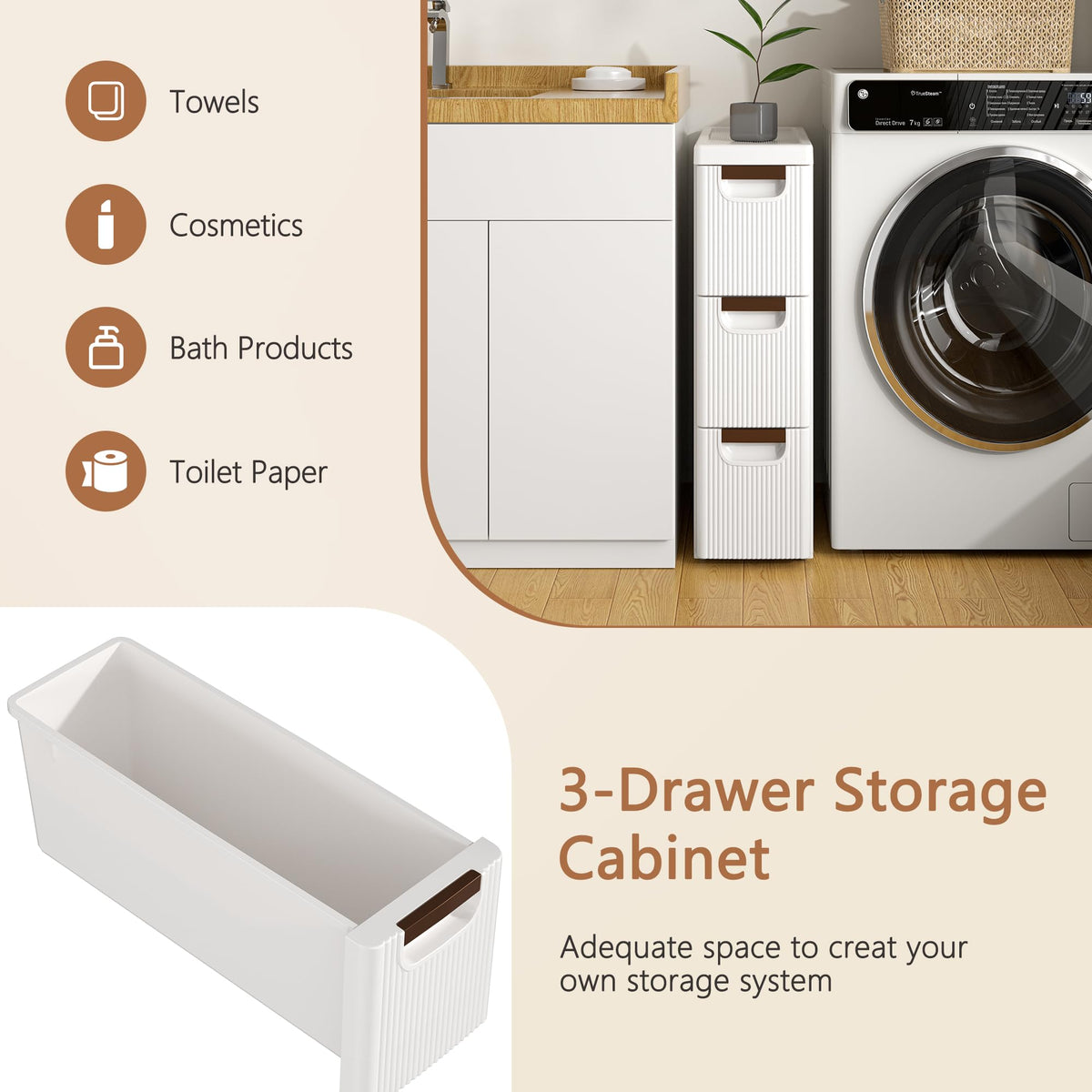 3 Drawer White Rolling Storage Cabinet H355919