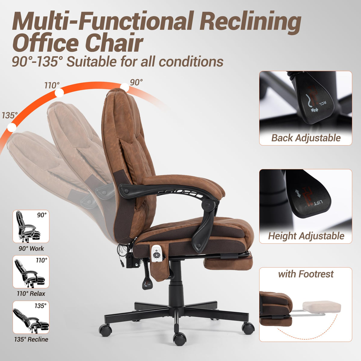 Brown PU Leather Massage Office Chair with Foot Rest Y99850