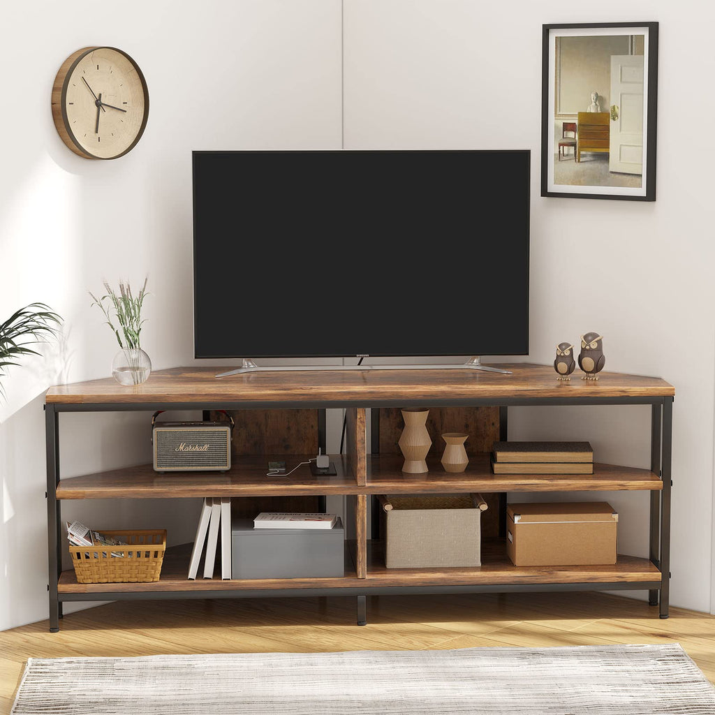 Corner TV Stand with Power Outlet, 55 Inch Rustic Brown K46074