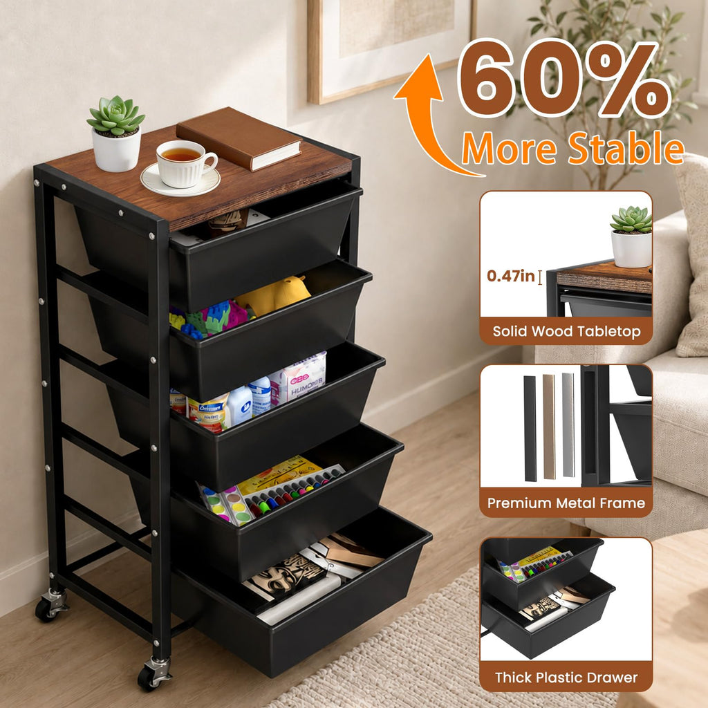Black 5 Drawer Rolling Storage Cart with Wooden Tabletop G948