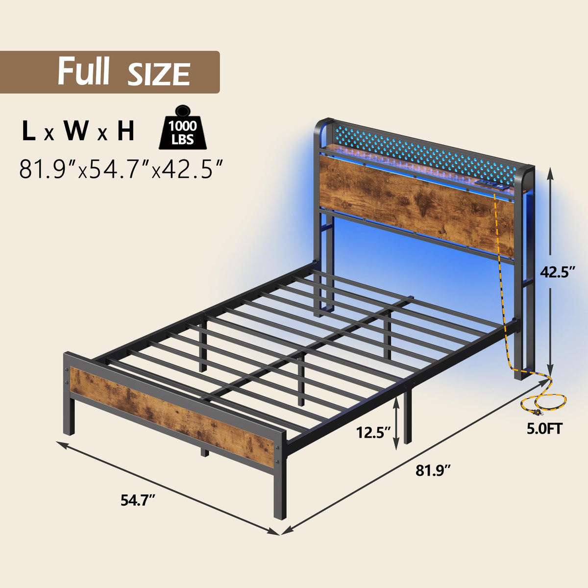 Full Bed Frame with Headboard and LED Lights V315103