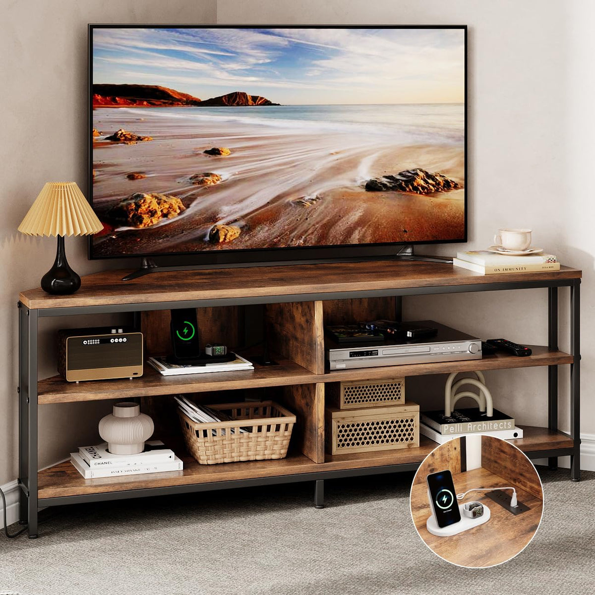 Corner TV Stand with Power Outlet, 55 Inch Rustic Brown K46074