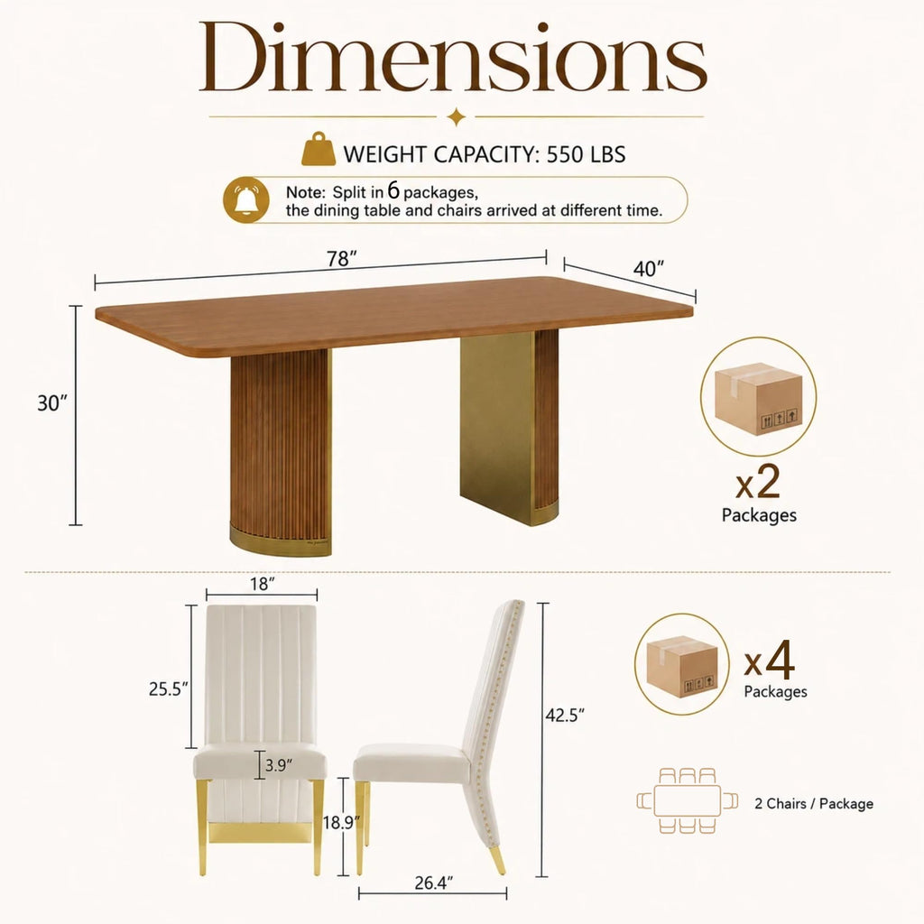 78" Walnut Dining Table Set with White Leather Chairs for 8 K7429
