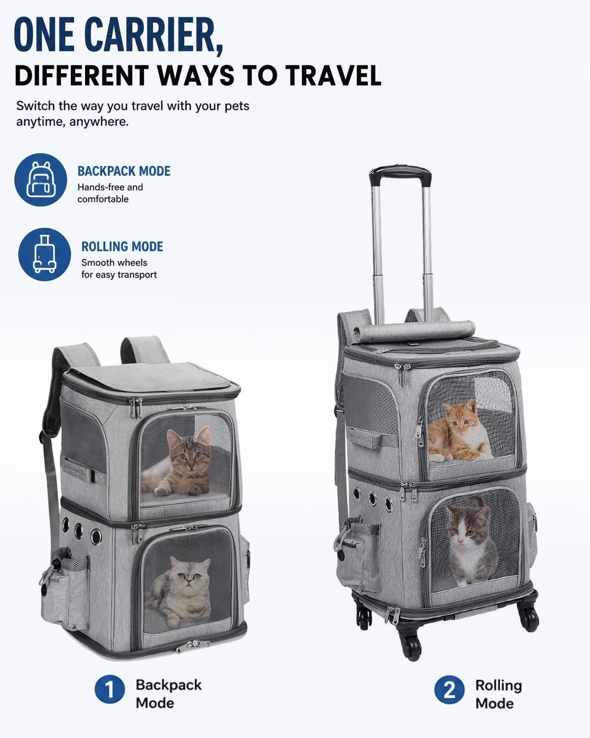 Double-Compartment Cat Backpack Carrier with Wheels F37775