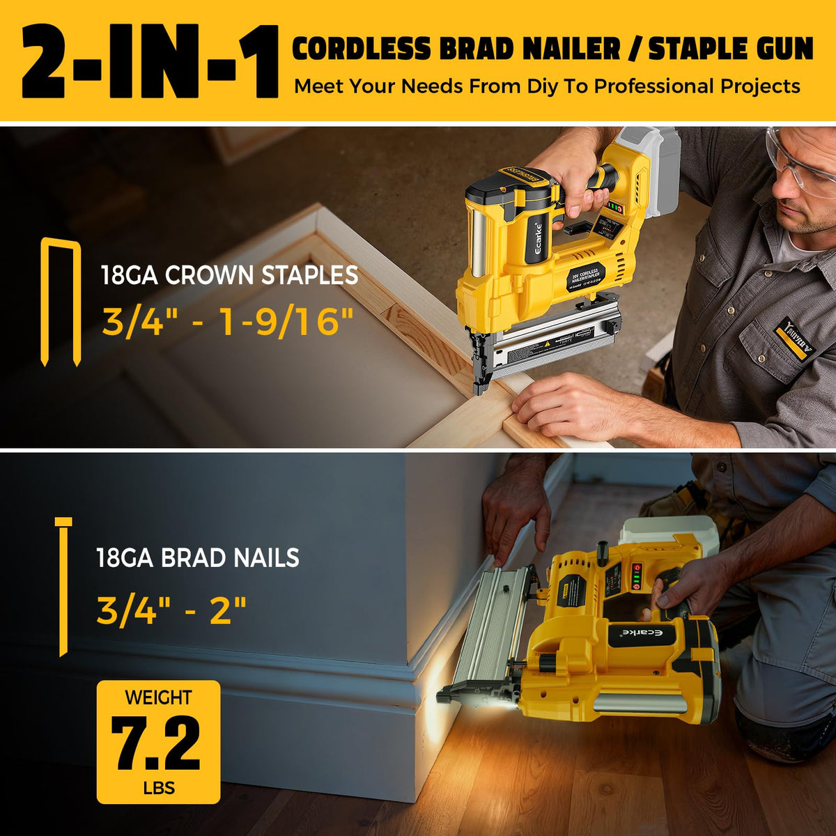 Cordless 2 in 1 Electric Nail Gun Staple Gun with 18GA Nails V66454