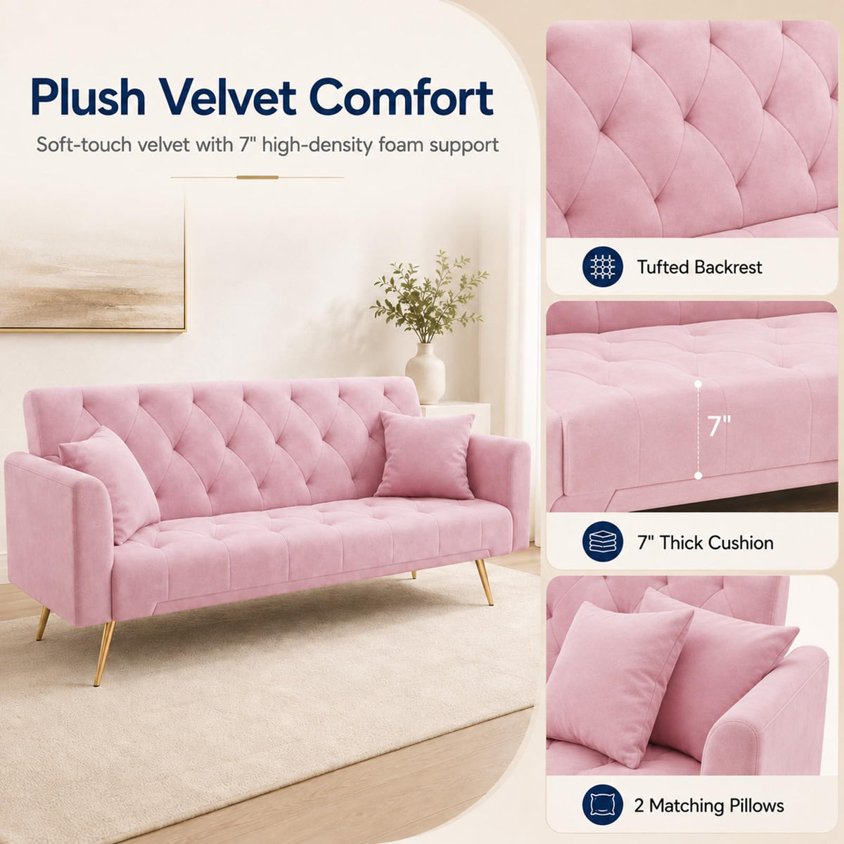 Pink Velvet Futon Sofa Bed W665537