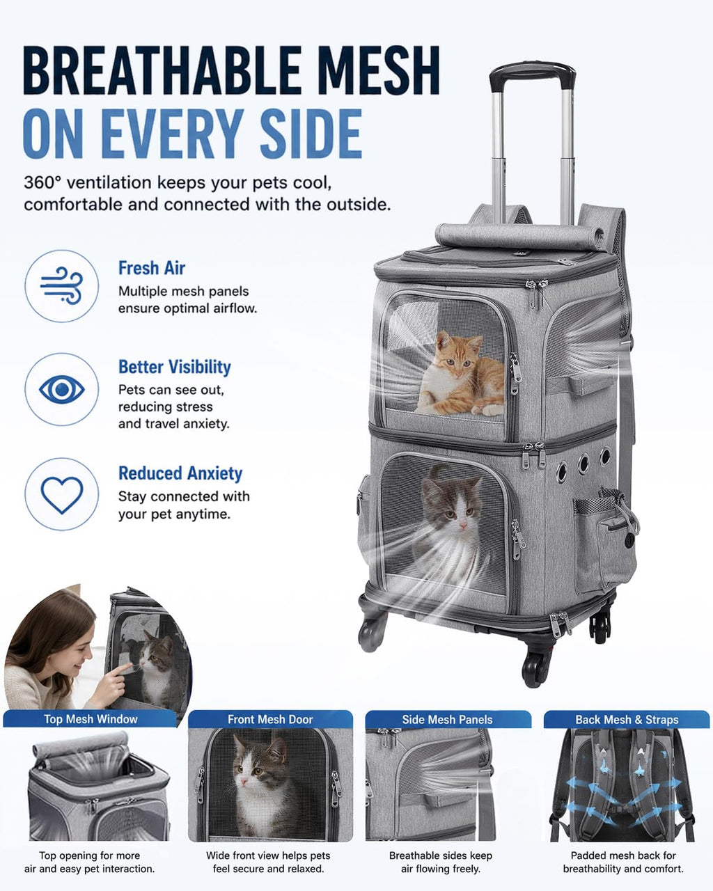 Double-Compartment Cat Backpack Carrier with Wheels F37775