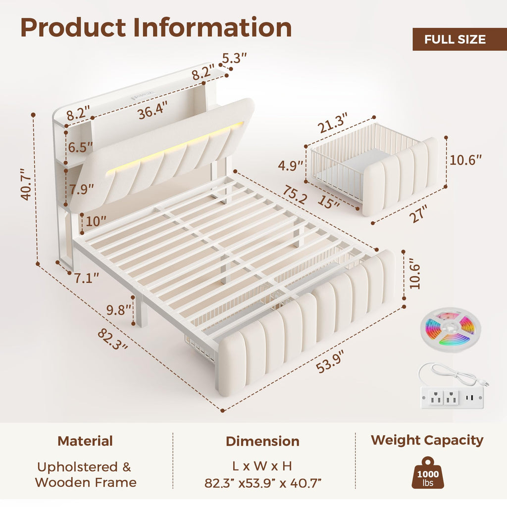 White Upholstered Storage Bed Frame Full Size with Drawers and Charging Station D40669