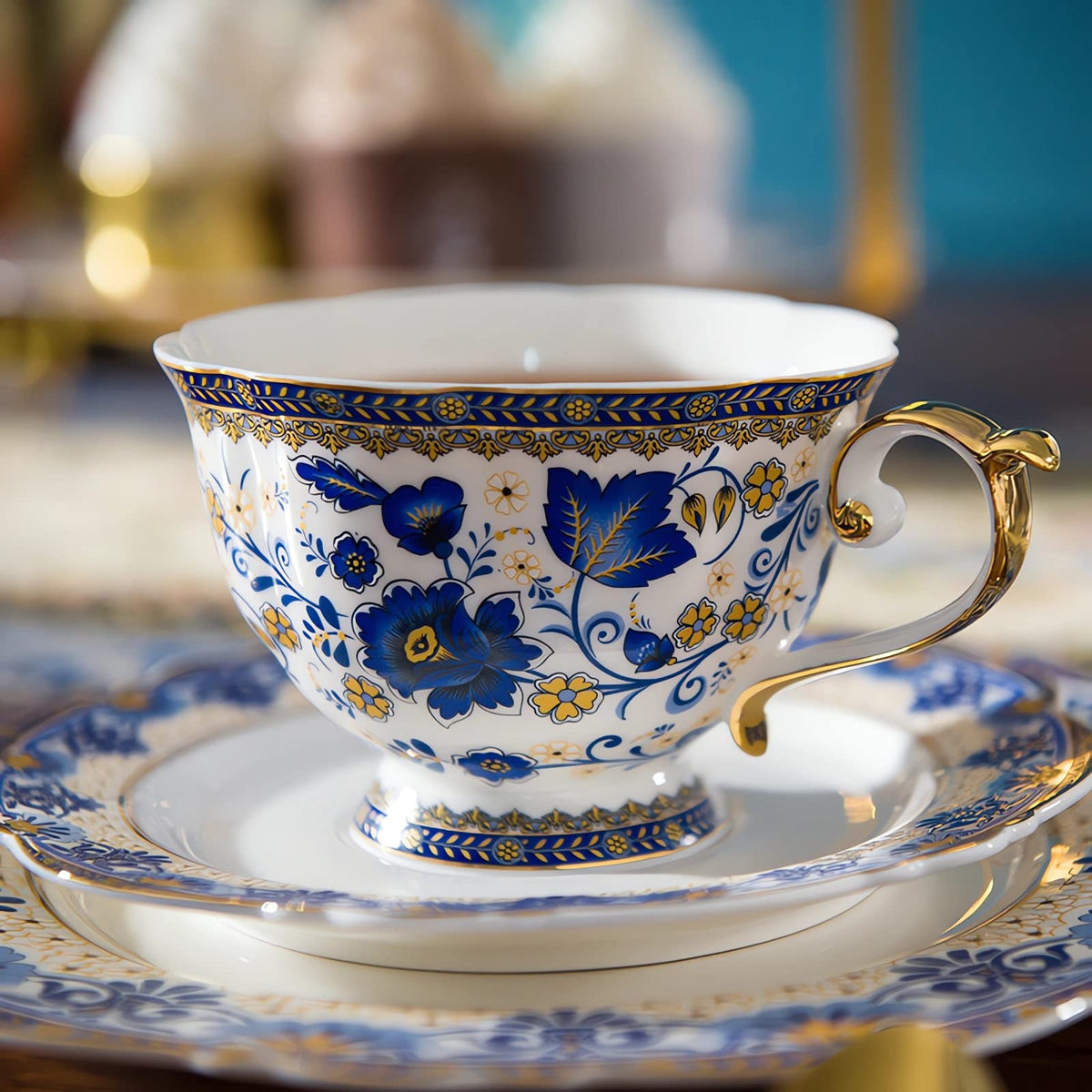 Tea Coffee Cup and Saucer Set, Bone China Dinnerware Set for 4, Blue and White L282