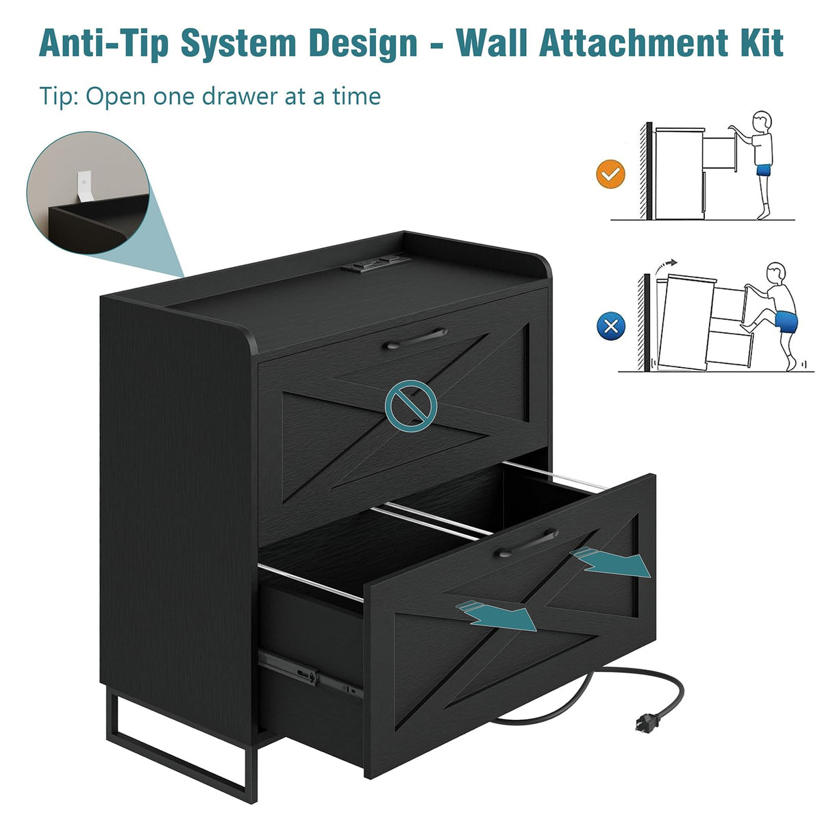 2 Drawer Black File Cabinet with Charging Station Z6693