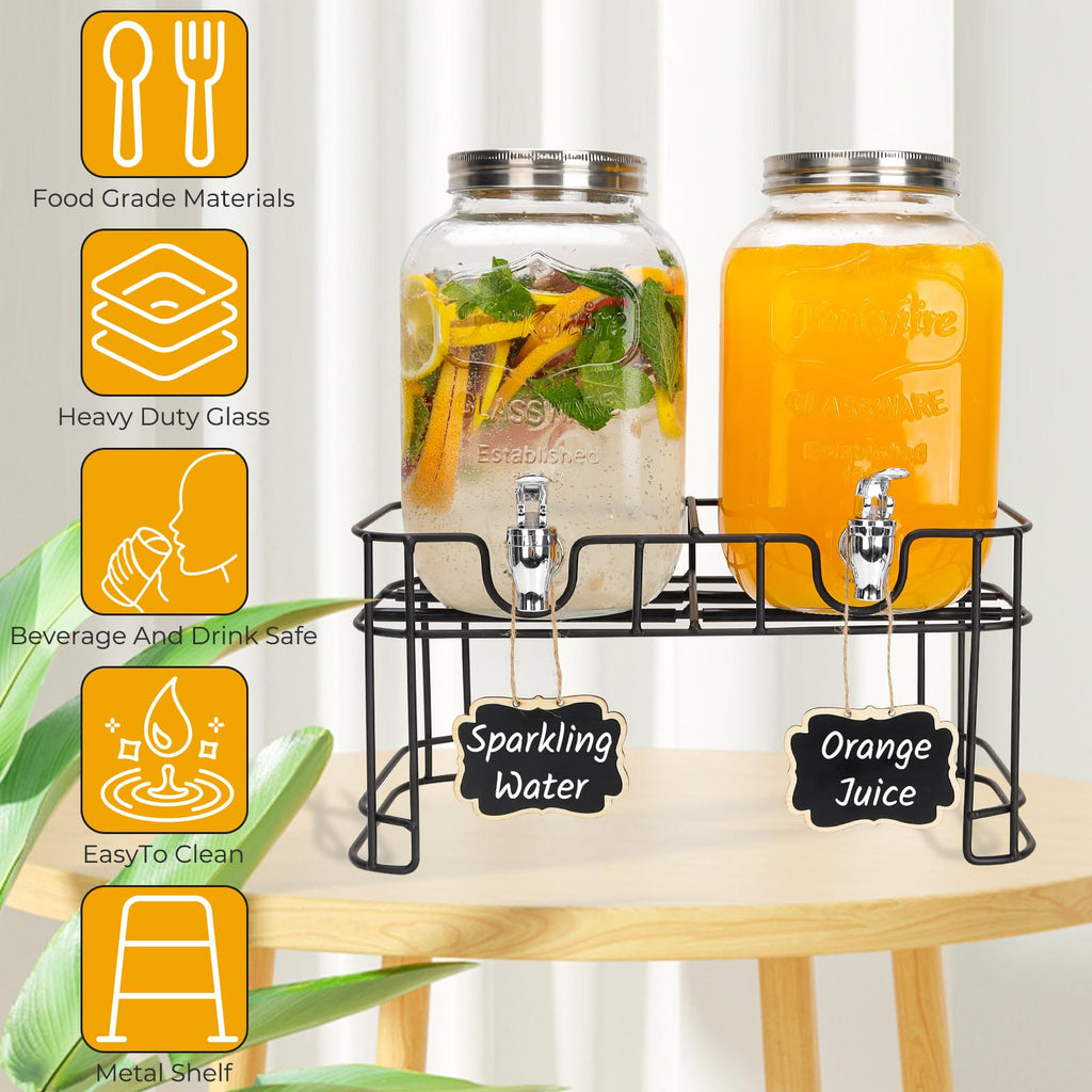 2 Pack 1 Gallon Glass Drink Dispensers with Stand S486