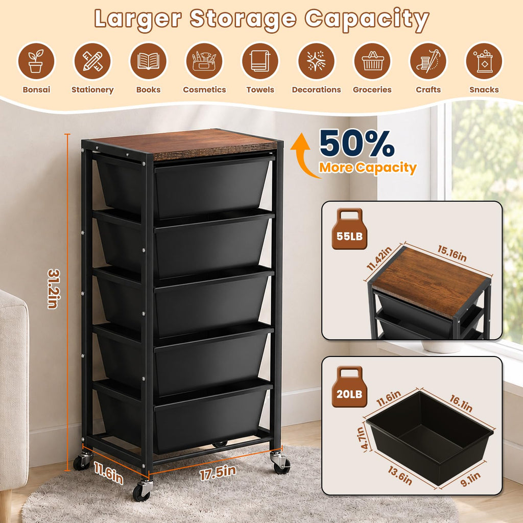 Black 5 Drawer Rolling Storage Cart with Wooden Tabletop G948