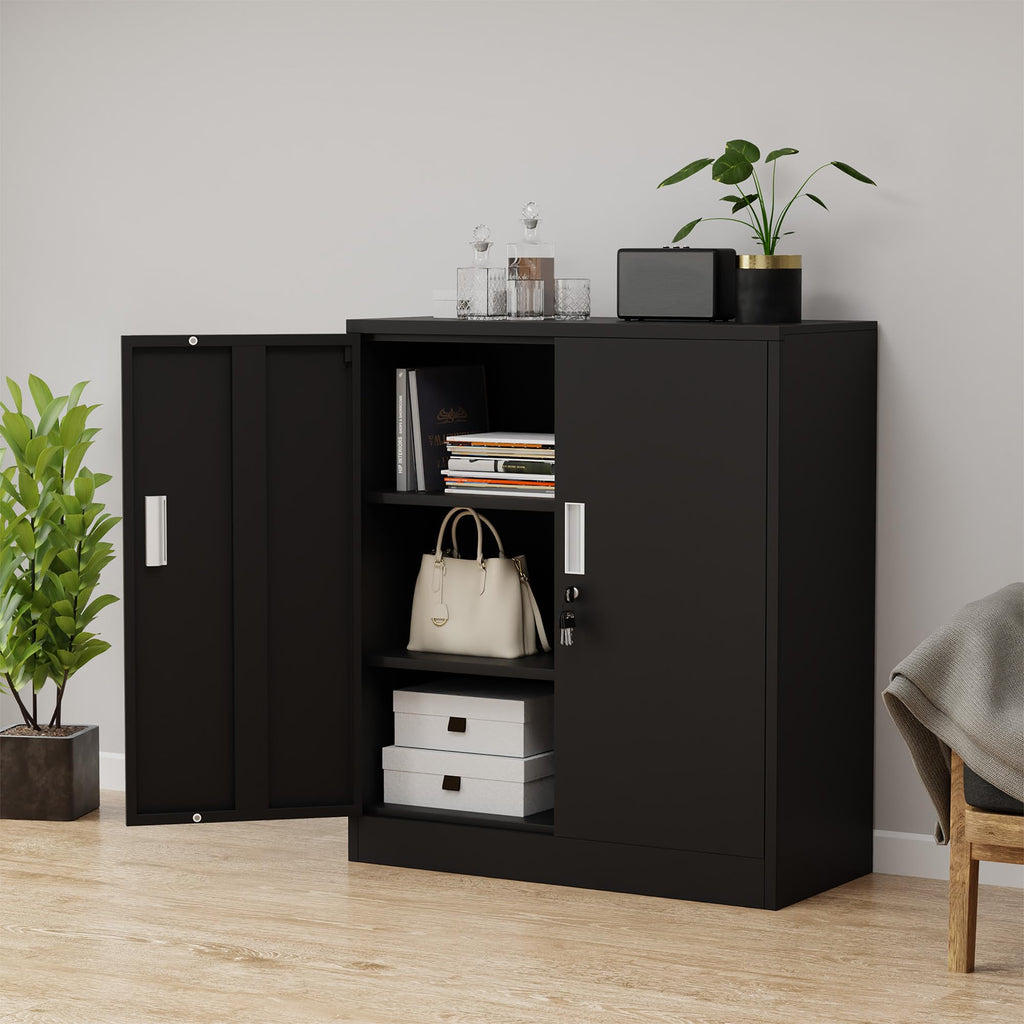Metal Storage Cabinet with Locking Doors and 2 Adjustable Shelves, Black C827