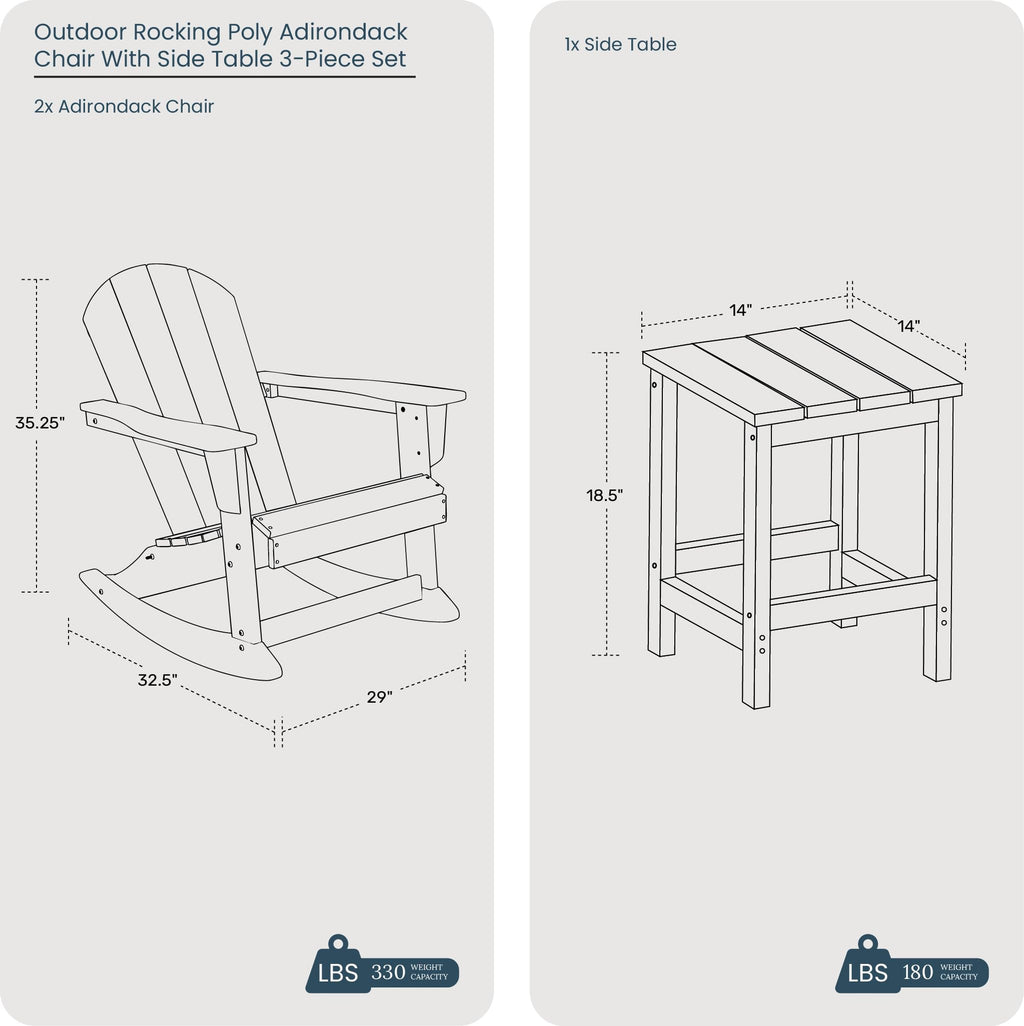 HDPE Turquoise Poly Adirondack Rocking Chair 3-Piece Set with Side Table E153848