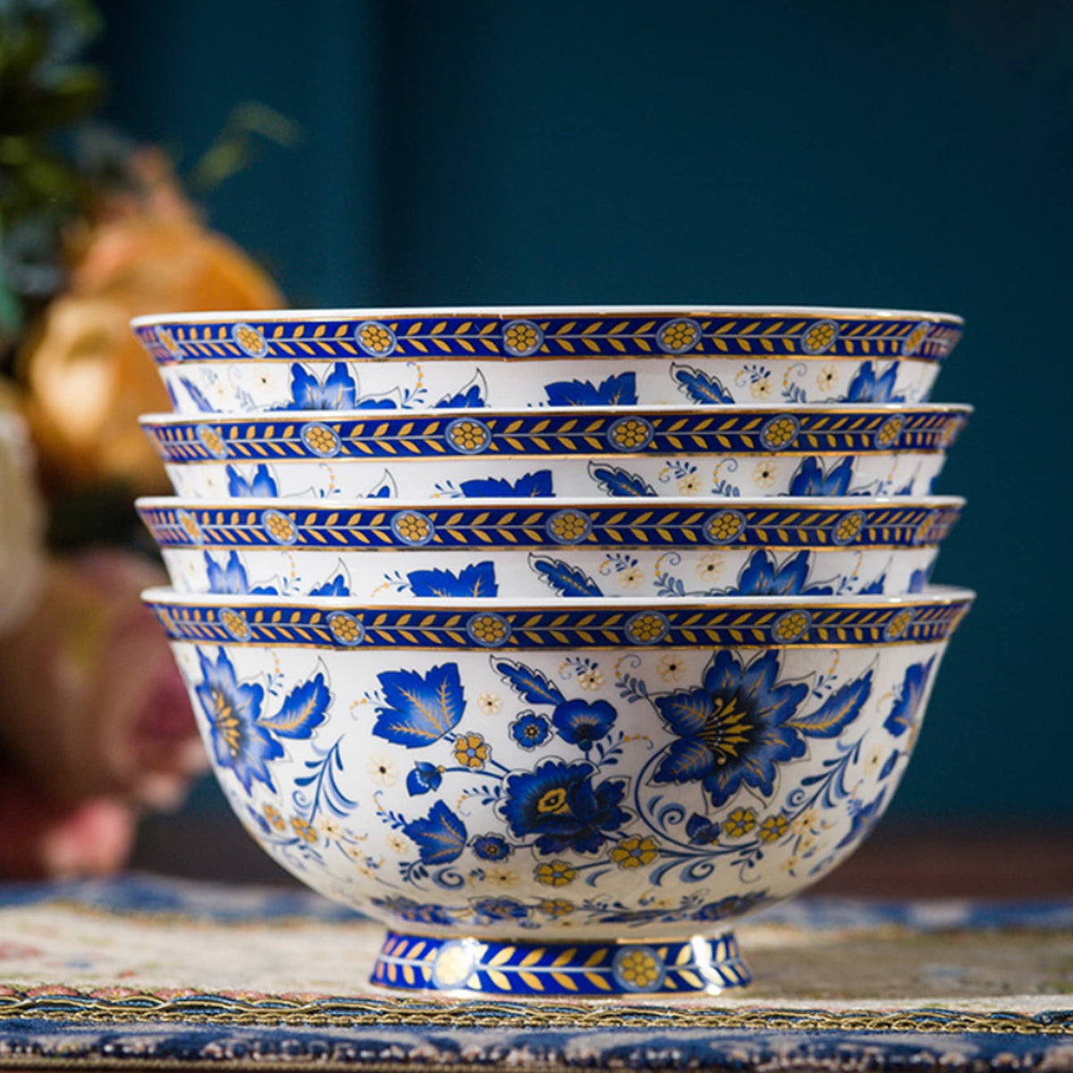 Tea Coffee Cup and Saucer Set, Bone China Dinnerware Set for 4, Blue and White L282