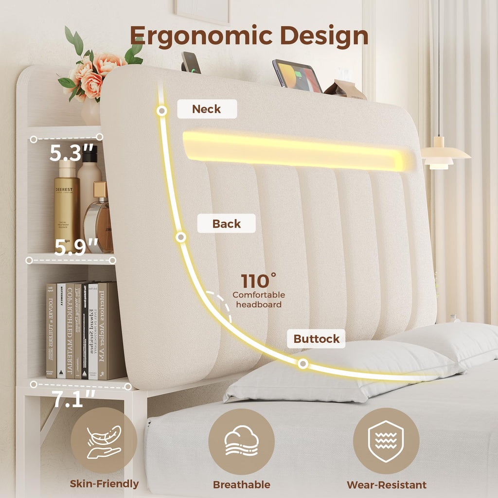 White Upholstered Storage Bed Frame Full Size with Drawers and Charging Station D40669