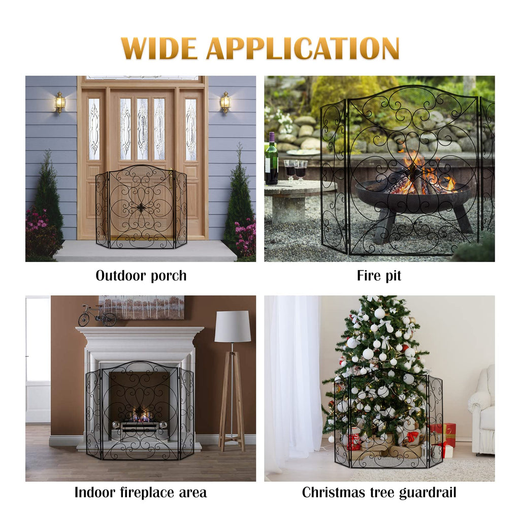 Black 3 Panel Foldable Wrought Iron Fireplace Screen F1948