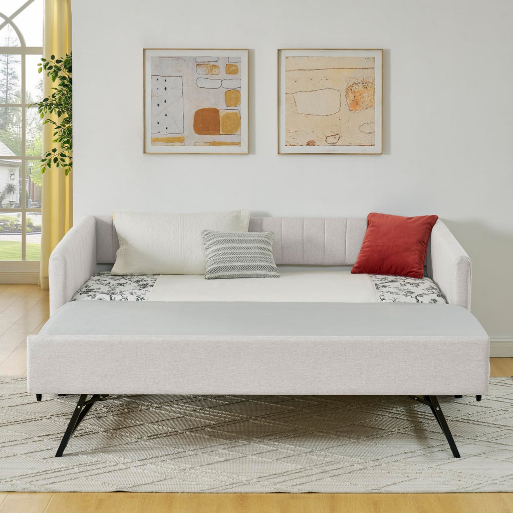 Twin Size Upholstery Daybed with Trundle and Vertical Stripes F215