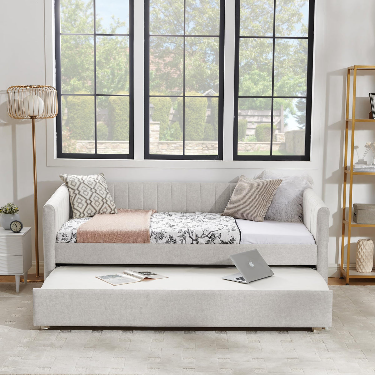 Twin Size Upholstery Daybed with Trundle and Vertical Stripes F215