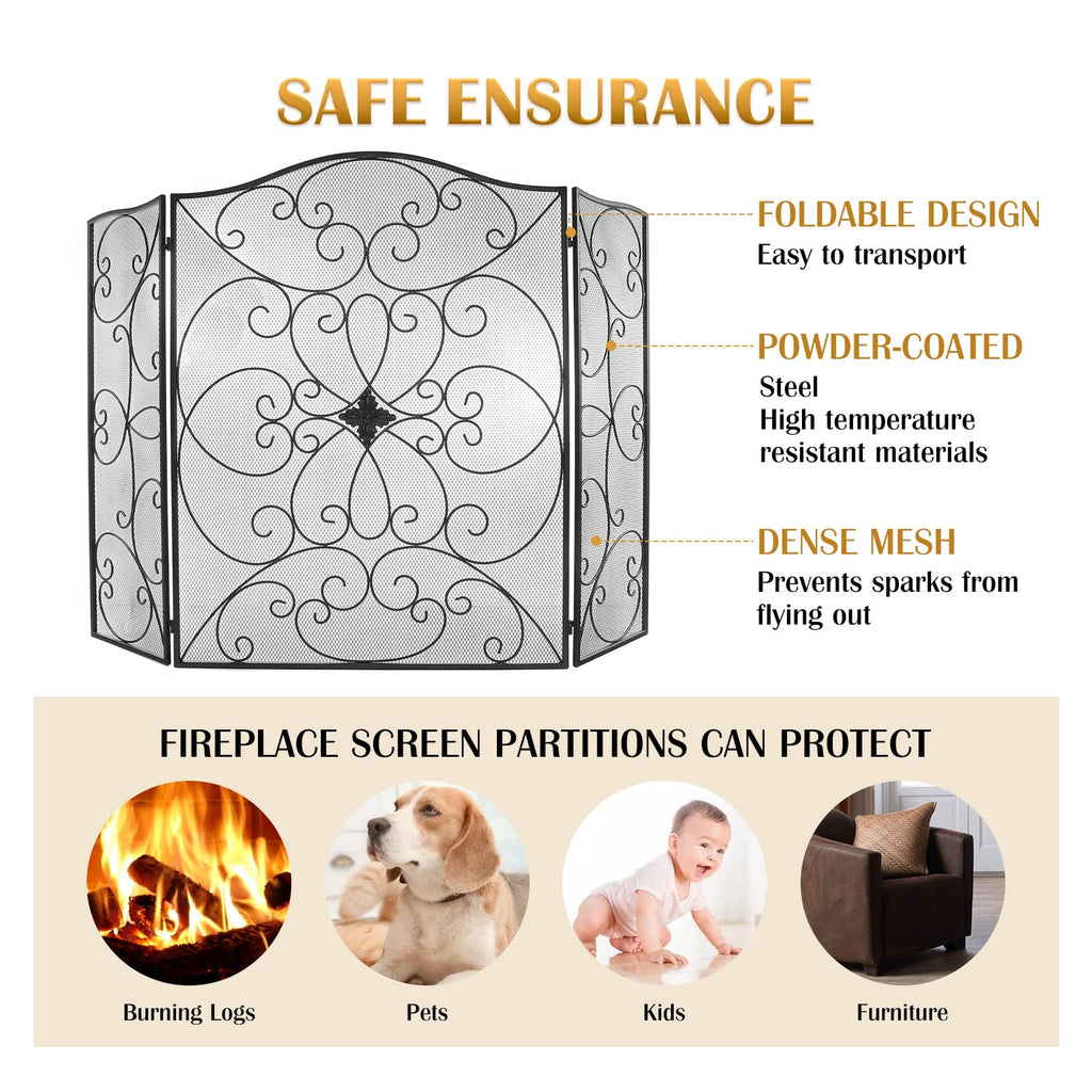 Black 3 Panel Foldable Wrought Iron Fireplace Screen F1948