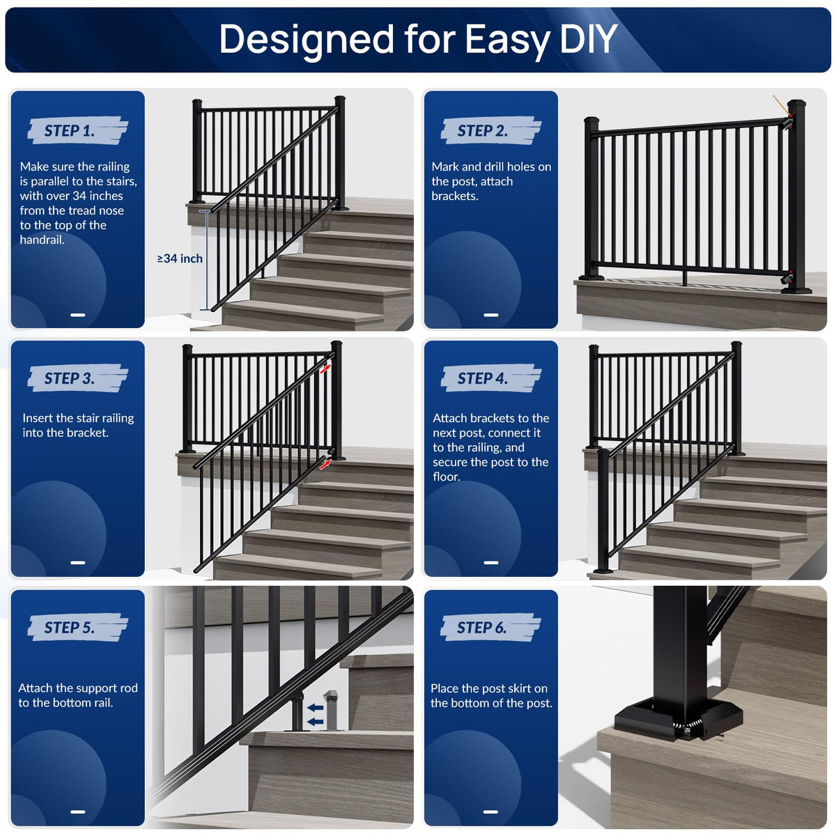 Aluminum Stair Railing Kit, 42 in x 4 ft Black M824041