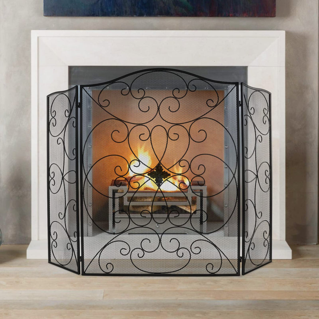Black 3 Panel Foldable Wrought Iron Fireplace Screen F1948