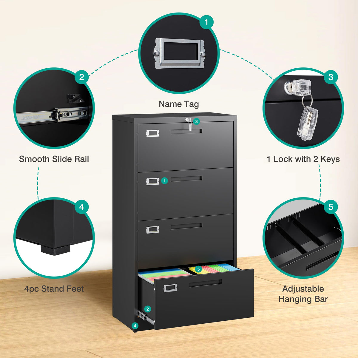 Black 4 Drawer Metal Lateral File Cabinet with Lock H442322