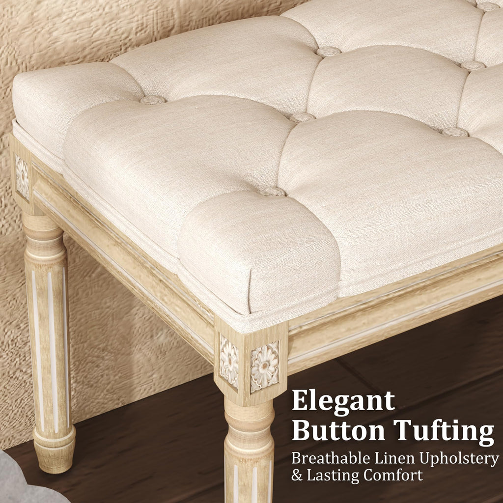 Beige Upholstered Bench with Carved Wood Legs D677034