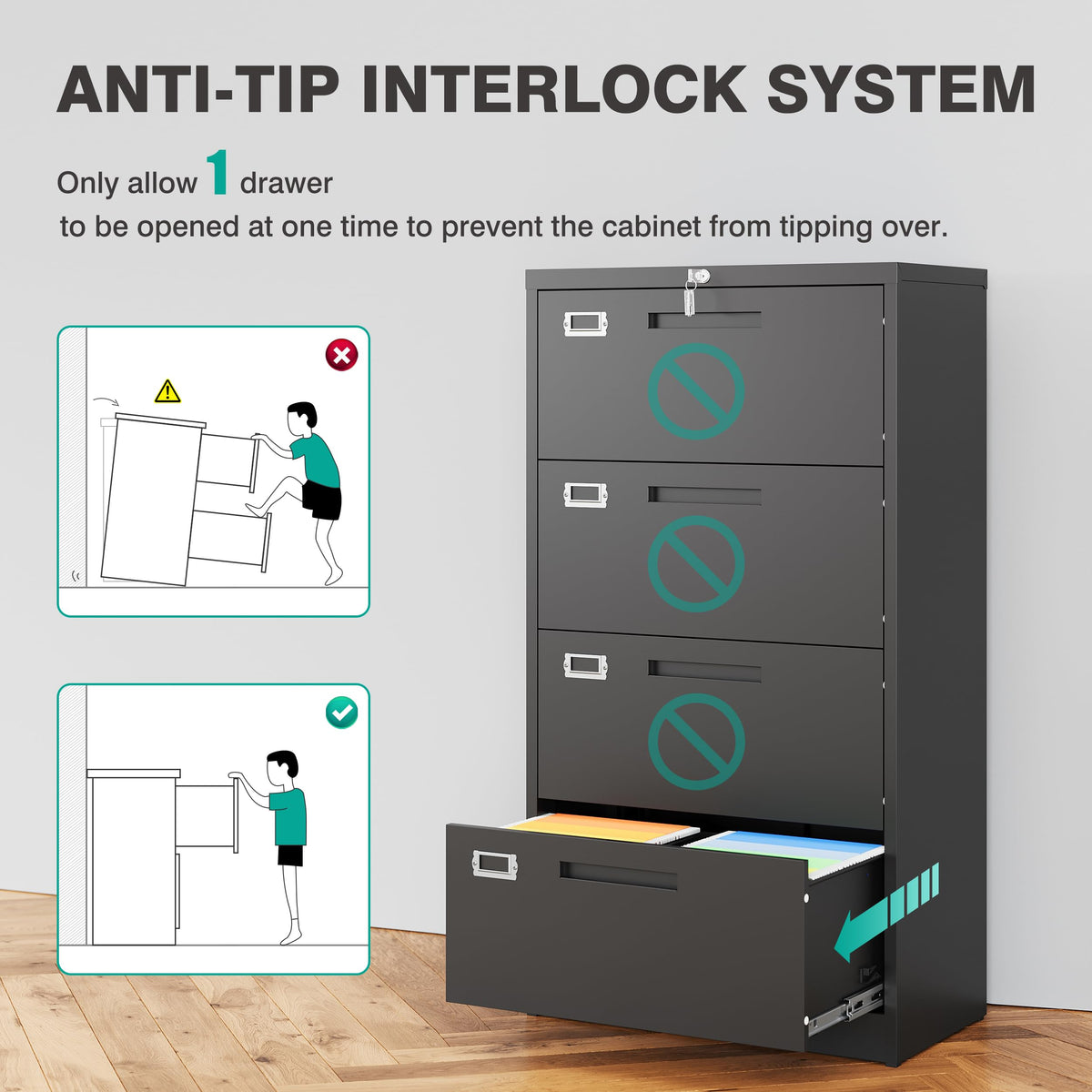 Black 4 Drawer Metal Lateral File Cabinet with Lock H442322