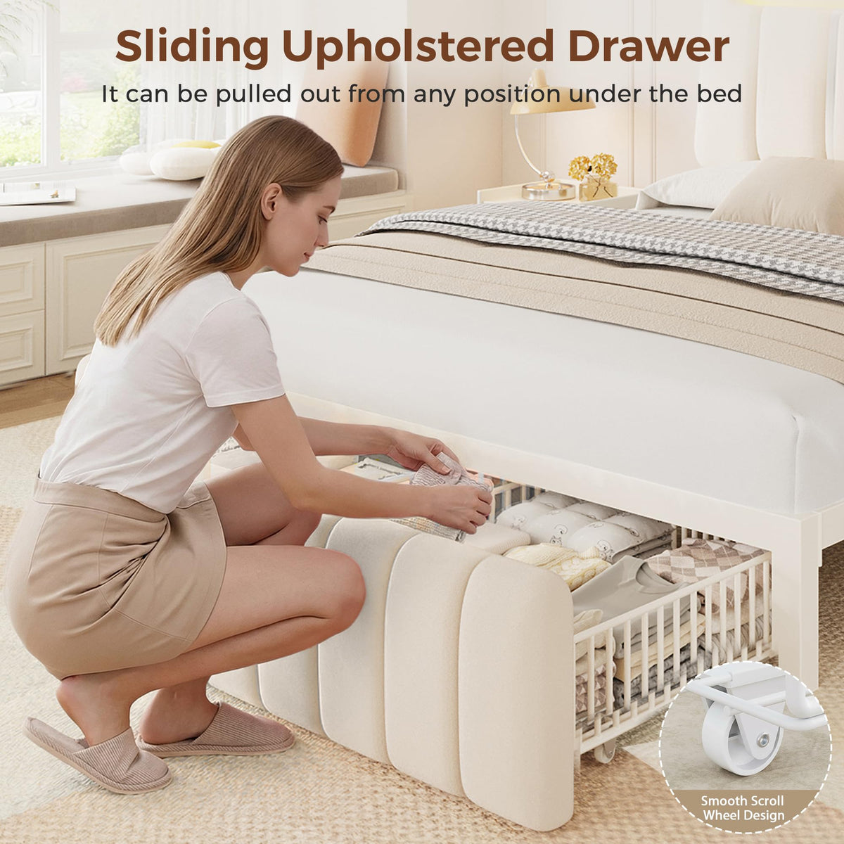 White Upholstered Storage Bed Frame Full Size with Drawers and Charging Station D40669