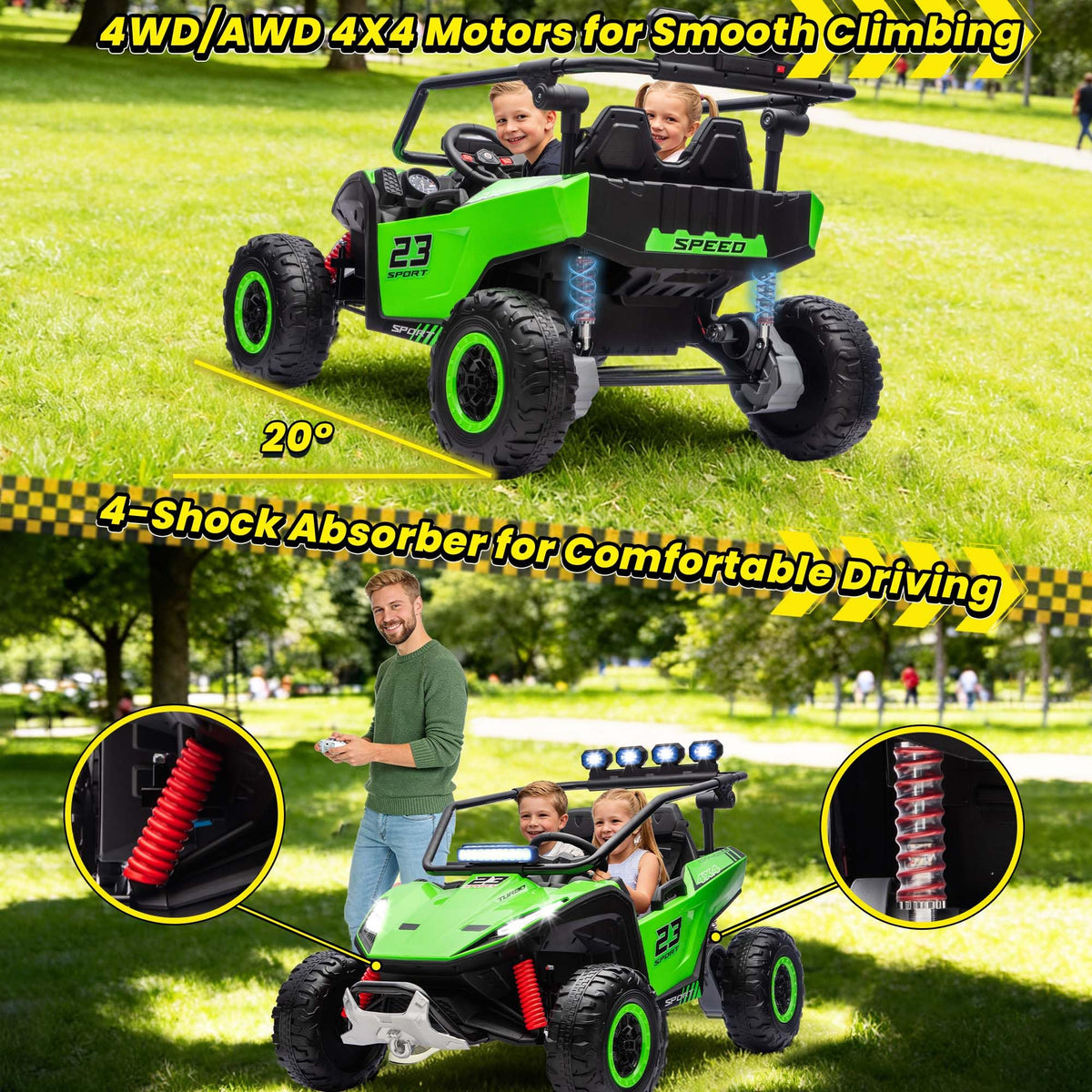 2-Seater Kids UTV with 4x200W Motor, 3-6MPH, Green E124010