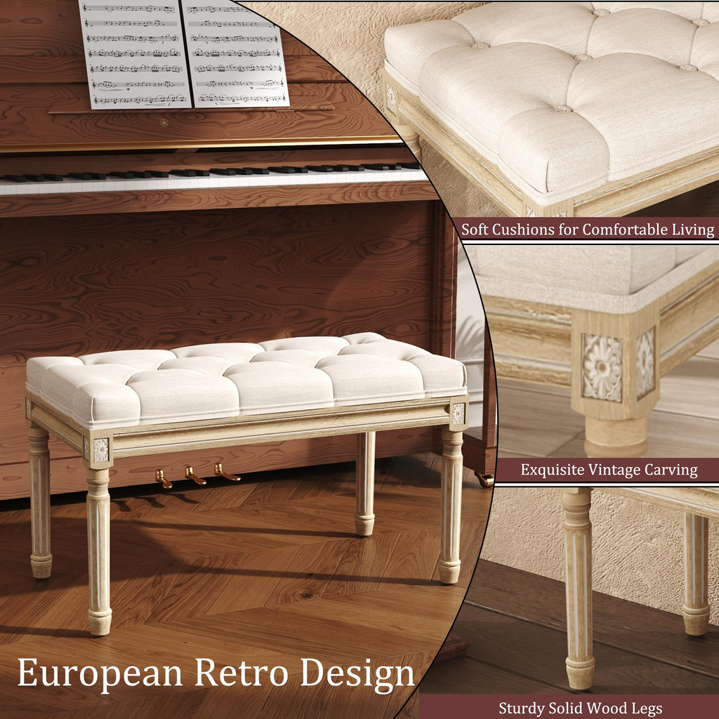 Beige Upholstered Bench with Carved Wood Legs D677034