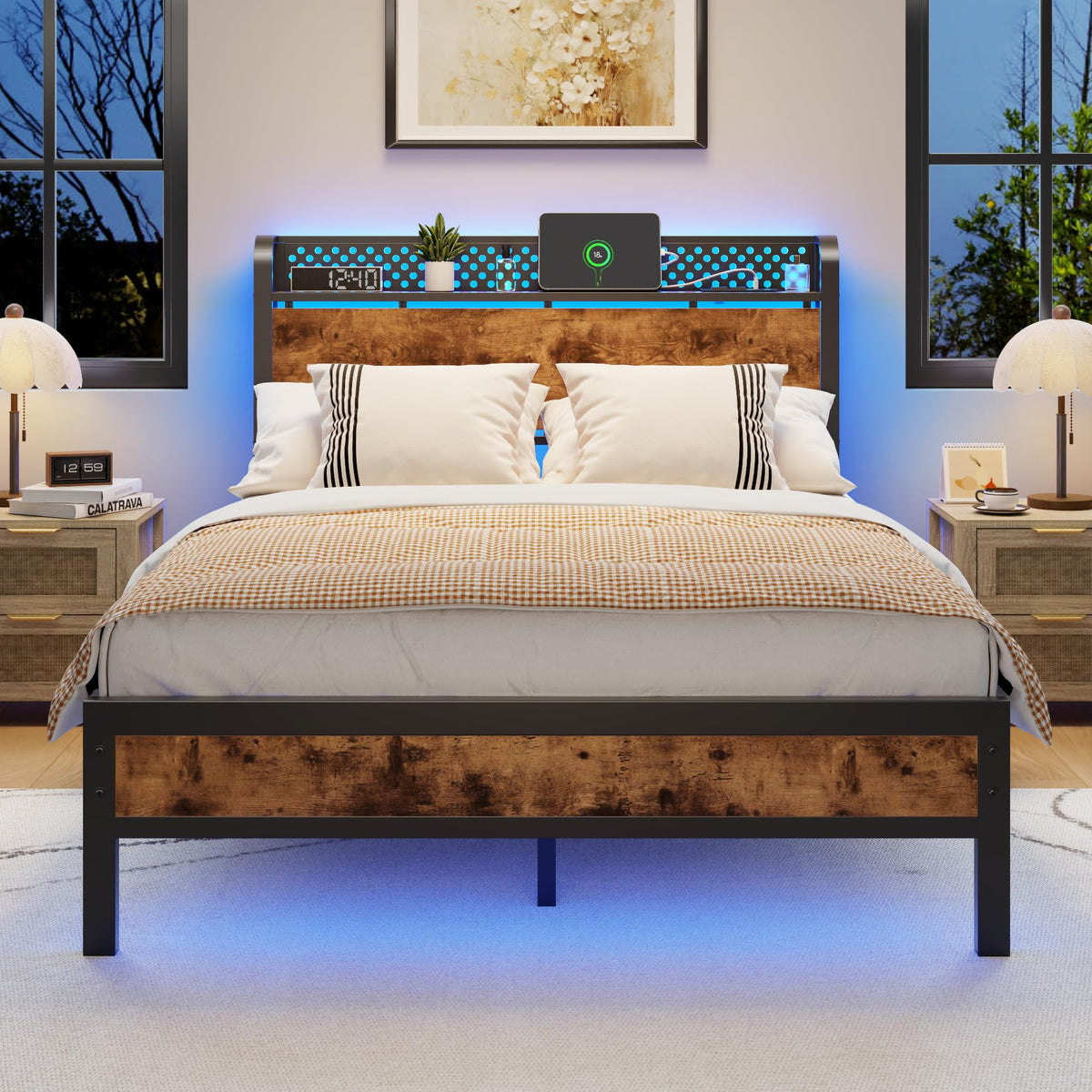 Full Bed Frame with Headboard and LED Lights V315103