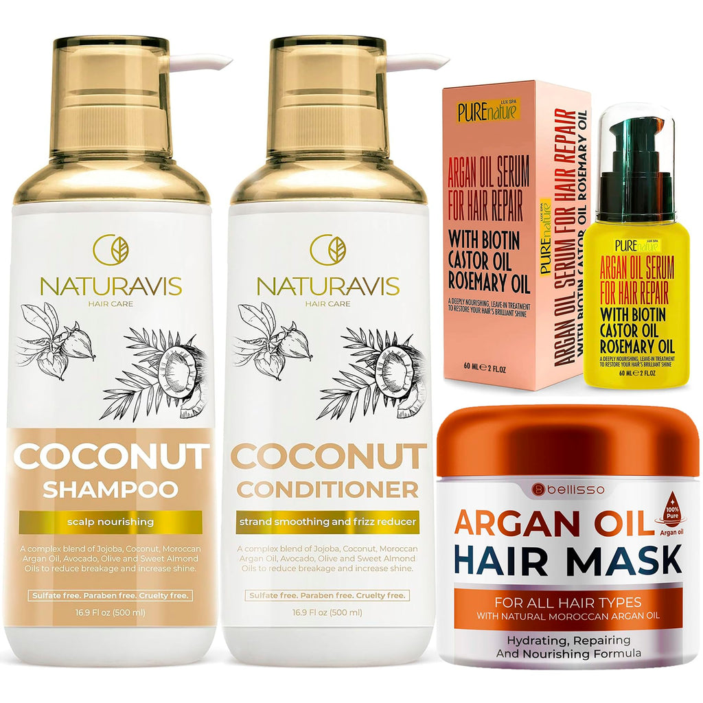 Coconut Shampoo and Conditioner Set and Moroccan Argan Oil Mask and Hair Serum U9839